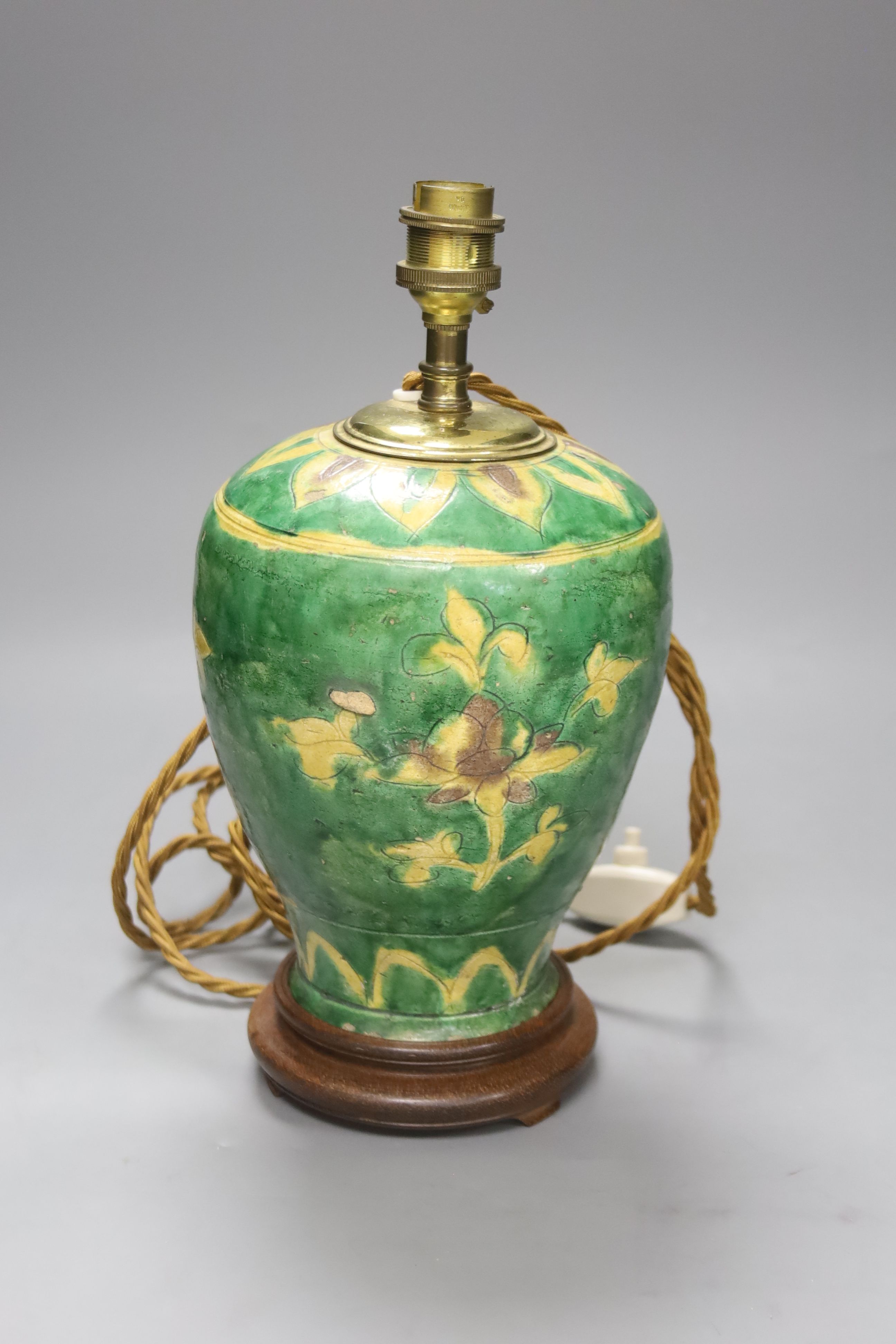 A Chinese sancai jar, Ming dynasty, mounted as a lamp, overall 30cm